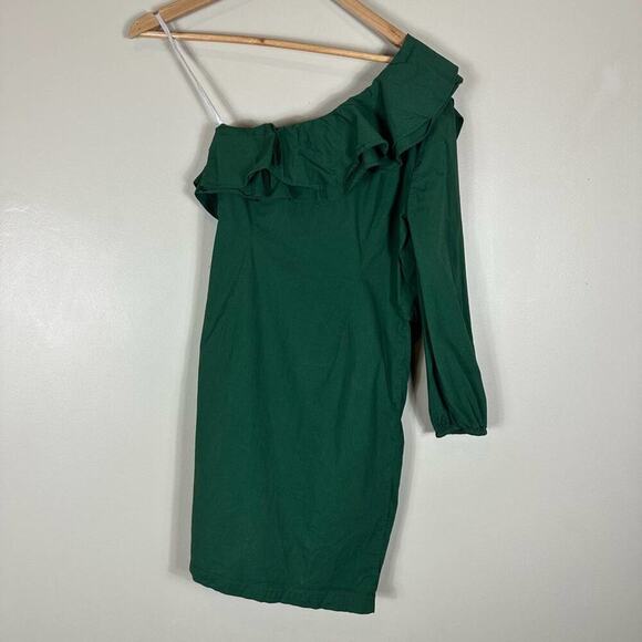 J. Crew Green Cotton Blend One Shoulder Long Sleeve Poplin Ruffle Dress - Picture 4 of 6